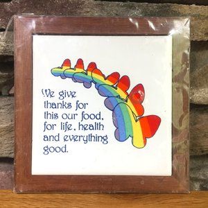 VTG Rainbow Butterfly Jasco Ceramic Tile Wood Coaster Trivet Boho New NWOT